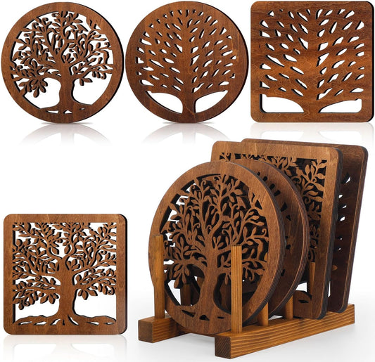 Beeveer 5 Pcs Life Tree Wooden Trivets for Hot Pans and Pots, Dark Wood