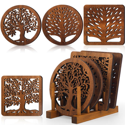 Beeveer 5 Pcs Life Tree Wooden Trivets for Hot Pans and Pots, Dark Wood