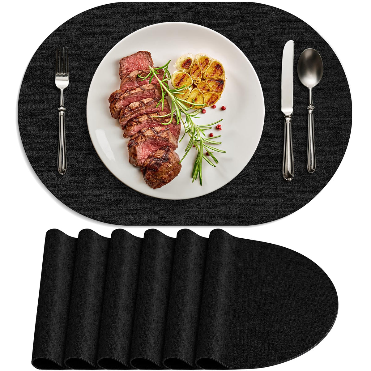 Faux Leather Oval Placemats Set of 6, Beige