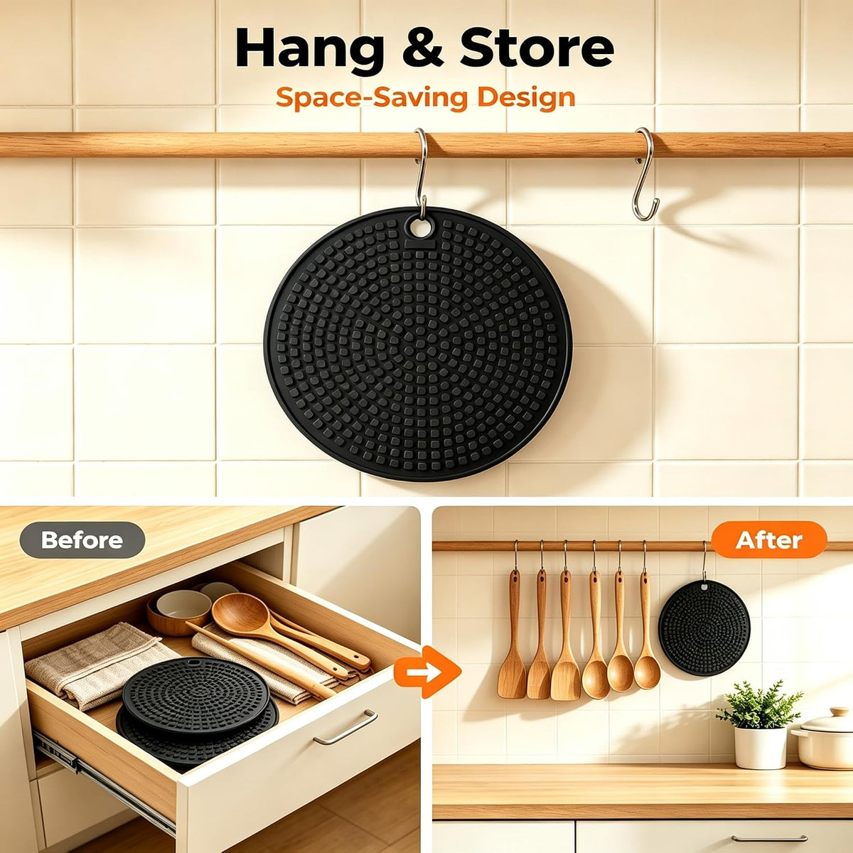 2‑Pack Round Silicone Trivets, 7.1 Inch, Heat‑Resistant (Black)