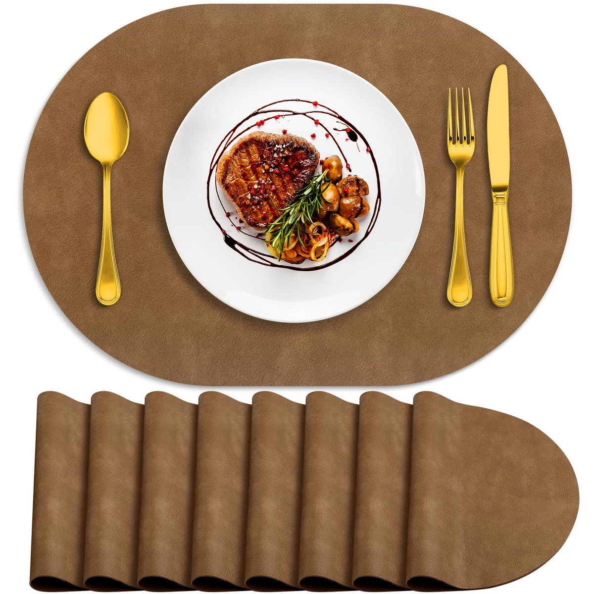 ADRIMER Faux Leather Placemats Set of 6, Heat Resistant 13"x13", Walnut