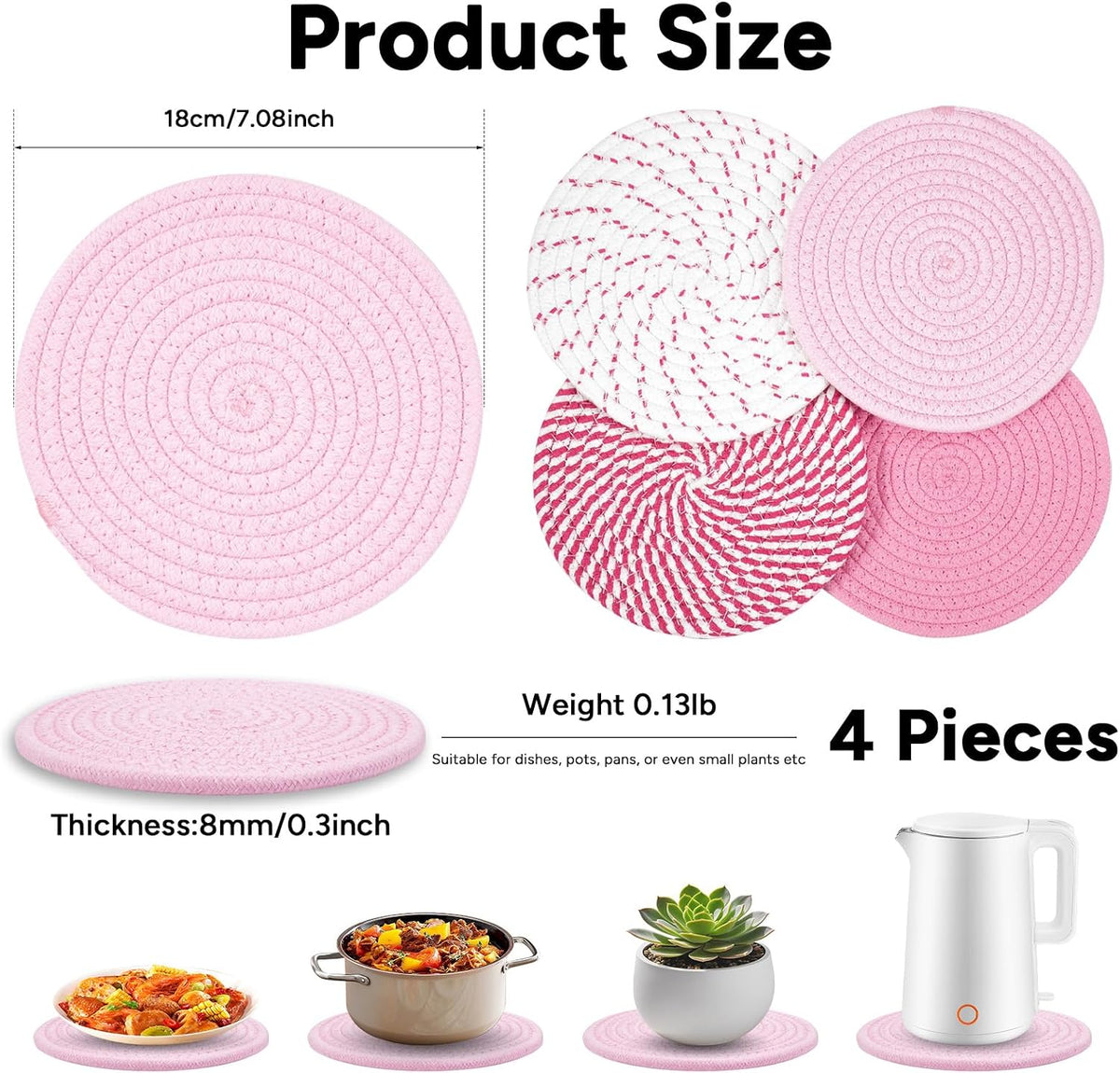 RICHCEE 7inch Trivets for Hot Dishes with a Kraft Paper Gift Box,Trivet Mats Set for Hot Pots and Pans, 4 Heat Resistant Pot Holders for Kitchen,Home Essentials,Housewarming Gift(Pink)