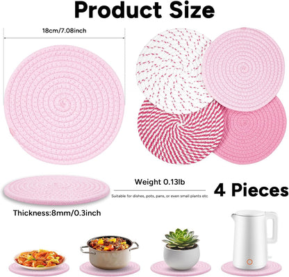 RICHCEE 7inch Trivets for Hot Dishes with a Kraft Paper Gift Box,Trivet Mats Set for Hot Pots and Pans, 4 Heat Resistant Pot Holders for Kitchen,Home Essentials,Housewarming Gift(Pink)