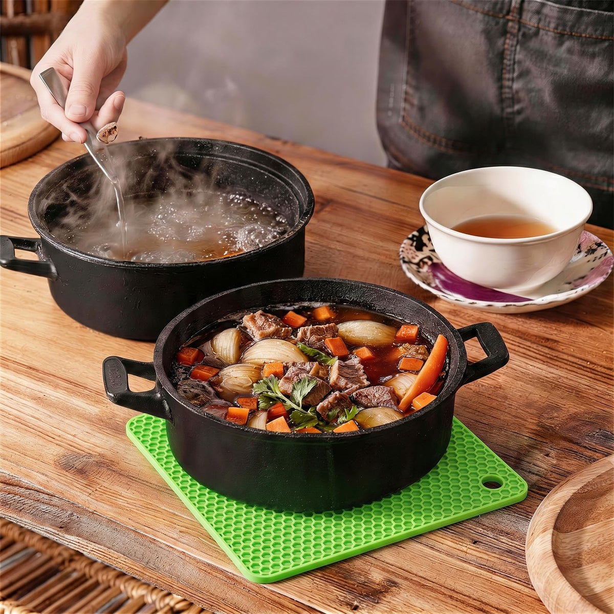Silicone Trivet Mats,Heat Resistant Pot Holders, Multipurpose Non-Slip Hot Pads for Kitchen Potholders, Hot Dishers, Jar Opener, Spoon Holder, Food Grade Silicone(Black Size Round 7''x7'')