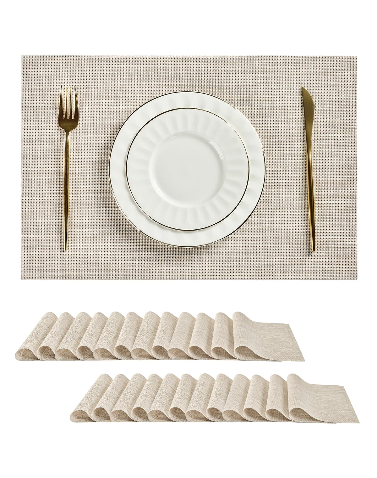 Woven Vinyl Beige Placemats Set of 12, Linen Look & Easy to Clean