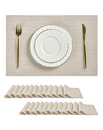 Woven Vinyl Beige Placemats Set of 12, Linen Look & Easy to Clean