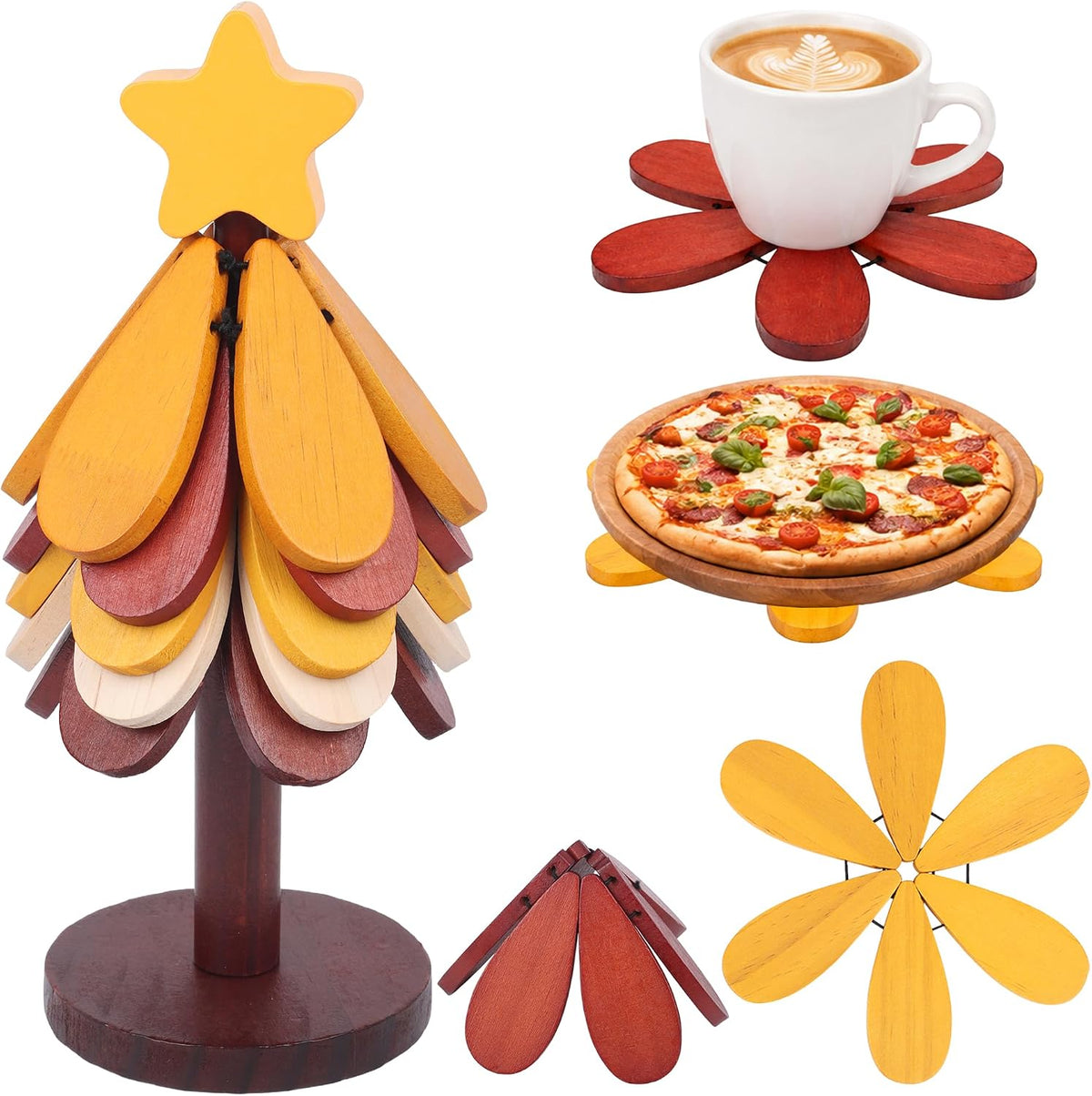 Wooden Tree Trivets for Hot Dishes Set of 5 with Stand Tree Shape Natural Foldable Stackable Wooden Trivets Heat Resistant Decorative Coasters for Pots, Pans, Bowls & Teapots Kitchen Accessories