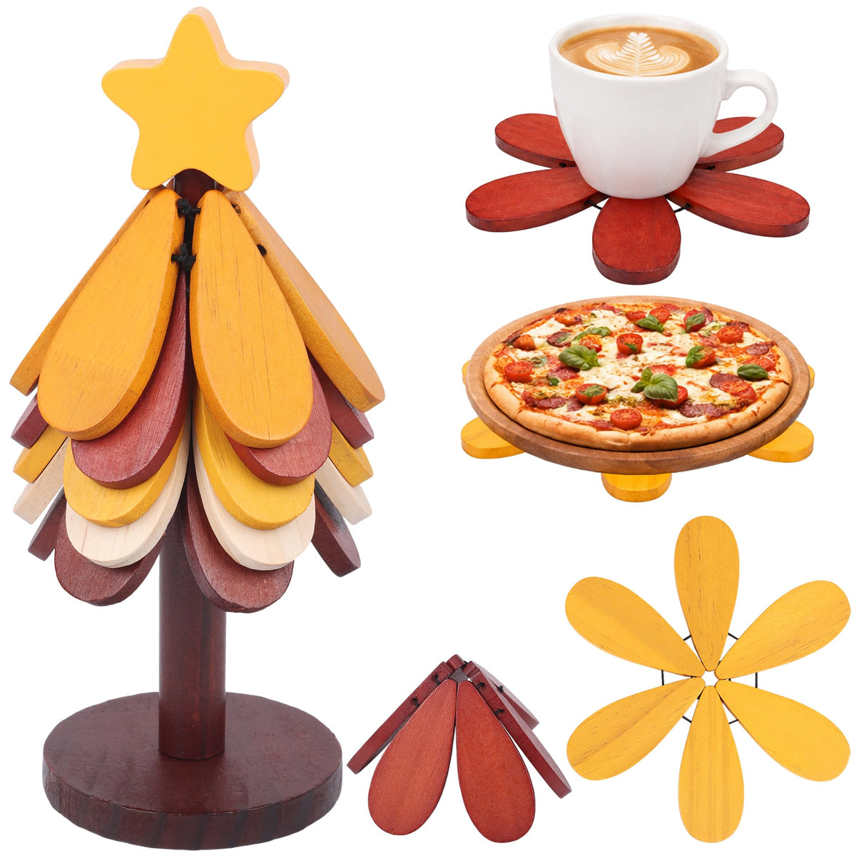 Wooden Tree Trivets for Hot Dishes Set of 5 with Stand Tree Shape Natural Foldable Stackable Wooden Trivets Heat Resistant Decorative Coasters for Pots, Pans, Bowls & Teapots Kitchen Accessories