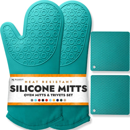 BPA-Free Soft Silicone 4 Piece Oven Mitts & Trivets Set - Ultra Heat Resistant Oven Mitts with Thick Cotton Liner - Long Slip Resistant Pot Holders, Flexible Oven Gloves - Black