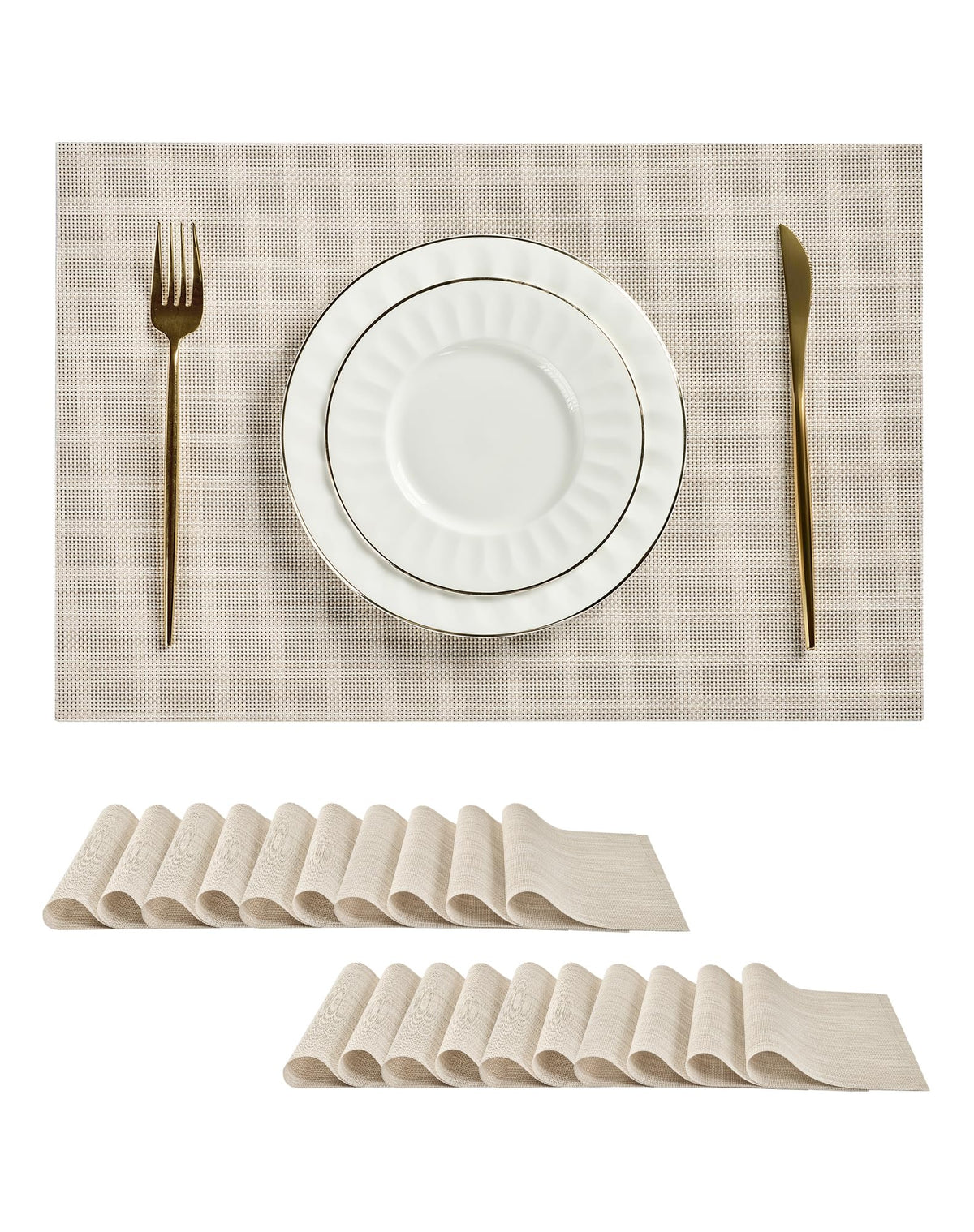 Beige Placemats Set of 4 - Heat-Resistant, Non-Slip Table Mats, Washable Woven Vinyl for Indoor & Outdoor Dining