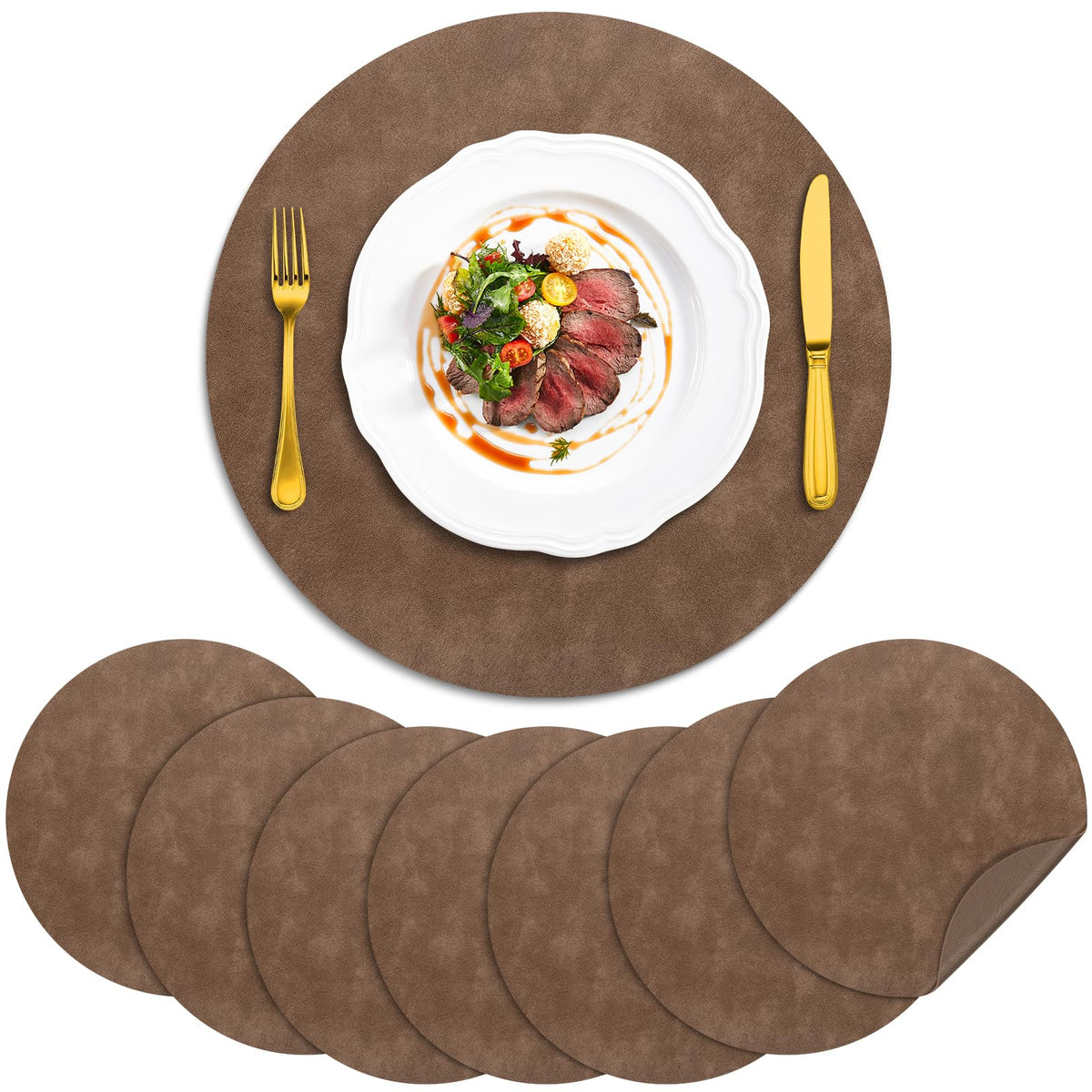 ADRIMER Faux Leather Placemats Set of 6, Heat Resistant 13"x13", Walnut
