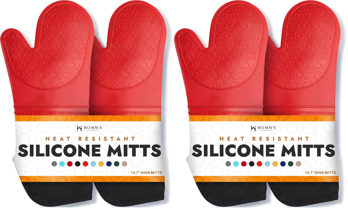 BPA-Free Soft Silicone 4 Piece Oven Mitts & Trivets Set - Ultra Heat Resistant Oven Mitts with Thick Cotton Liner - Long Slip Resistant Pot Holders, Flexible Oven Gloves - Black