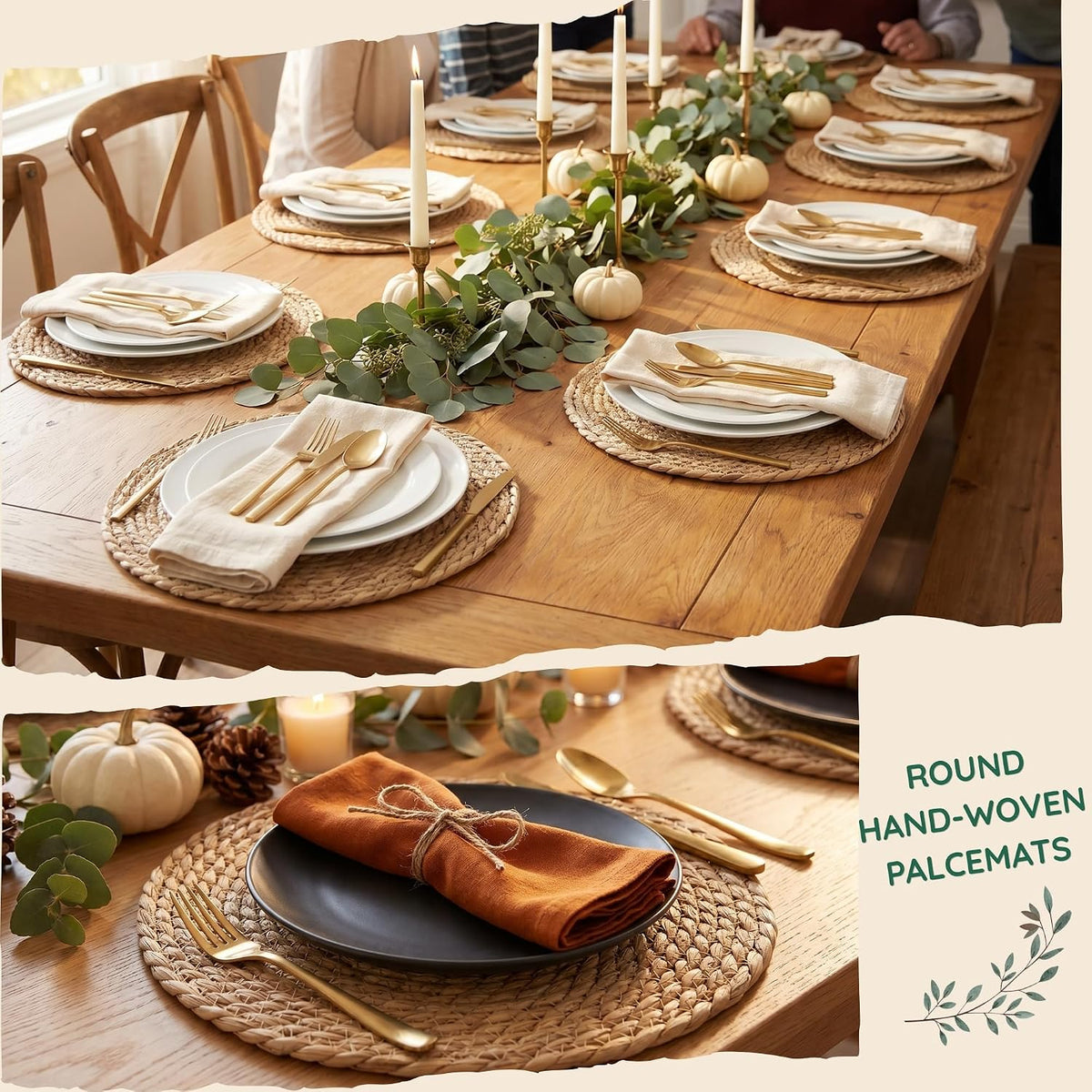 24 Pack 13.8IN Round Woven Placemats, Natural Bulrush Boho Farmhouse Mats