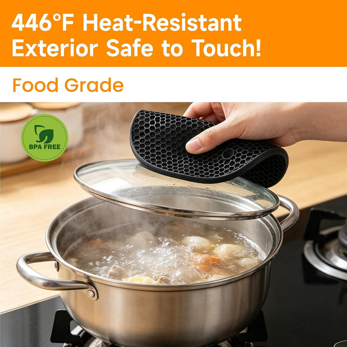Silicone Trivets for Hot Dishes, Non-Slip Hot Pads for Kitchen Countertop Protector, Heat Resistant Mat for Hot Pots and Pans 4-Pack Food Grade Silicone Black