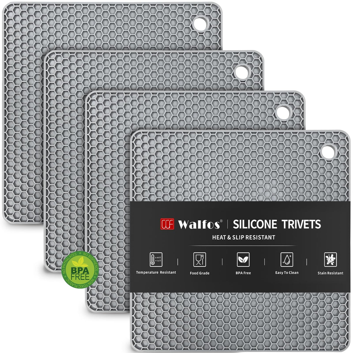 Walfos Silicone Trivets for Hot Pots and Pans - 446°F Heat Resistant Hot Pads for Kitchen Counter- 4 Pcs Multi-Purpose & Versatile Trivet Mat - Long-Lasting & Flexible Silicone Hot Pad（Black）