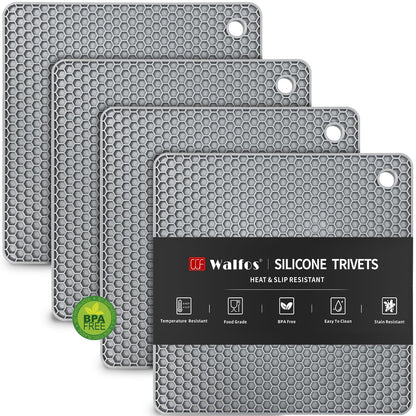 Walfos Silicone Trivets for Hot Pots and Pans - 446°F Heat Resistant Hot Pads for Kitchen Counter- 4 Pcs Multi-Purpose & Versatile Trivet Mat - Long-Lasting & Flexible Silicone Hot Pad（Black）