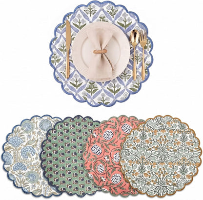 Ridhi Floral Block Print Round Placemats 15 Inch, Set of 4, Assorted Design