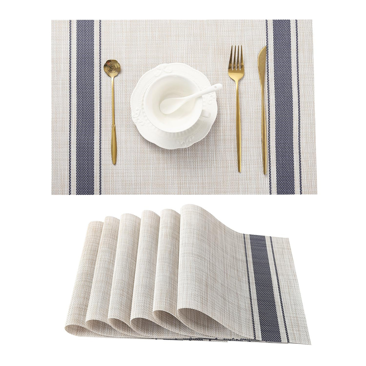 Woven Vinyl Beige Placemats Set of 12, Linen Look & Easy to Clean