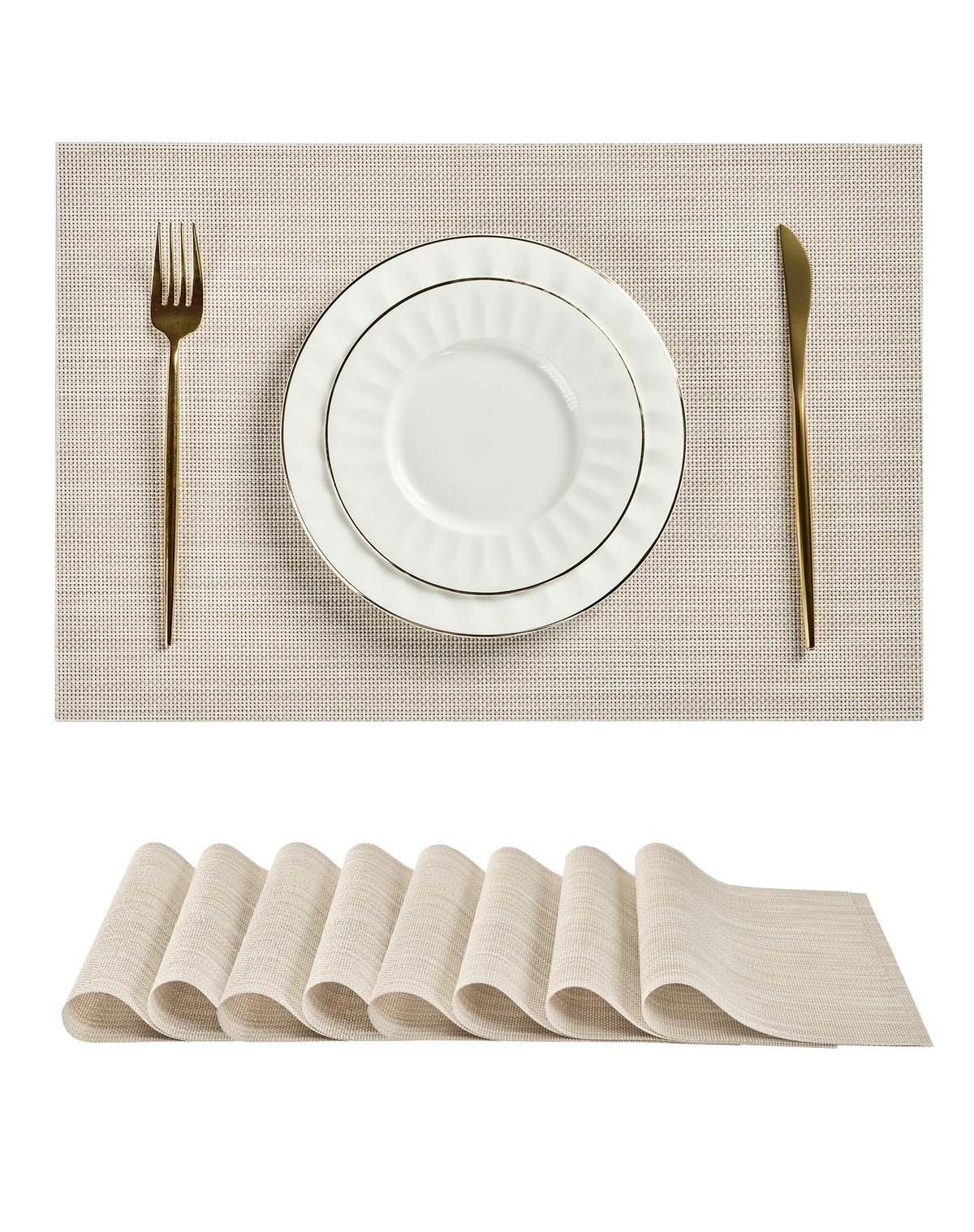 Beige Placemats Set of 8 - Heat-Resistant, Non-Slip Table Mats, Washable Woven Vinyl for Indoor & Outdoor Dining