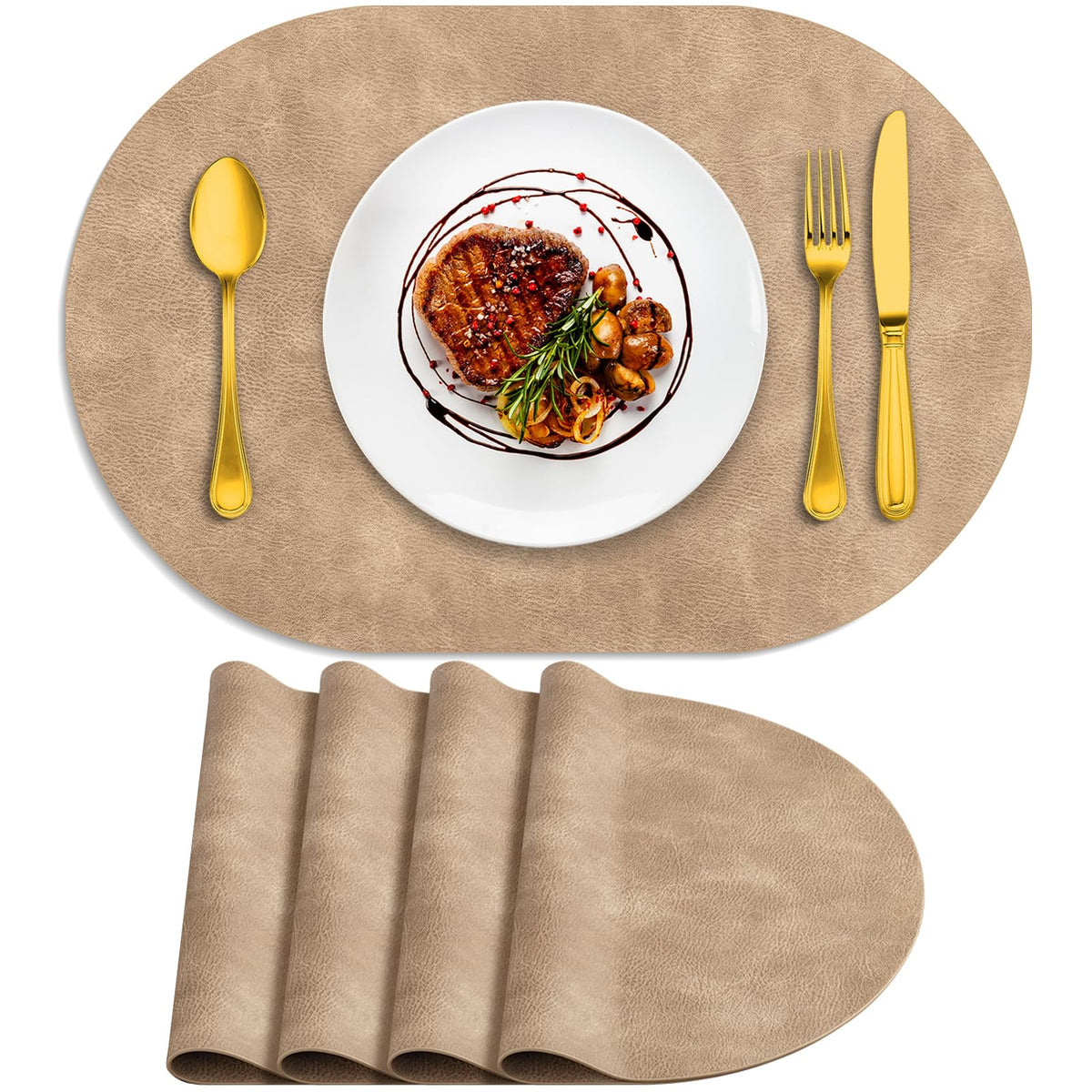 ADRIMER Oval Placemats Set of 4, Wipeable Faux Leather, 4 Colors