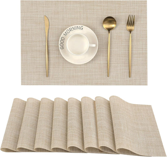 Beige Placemats Set of 8 - Heat-Resistant, Non-Slip Table Mats, Washable Woven Vinyl for Indoor & Outdoor Dining