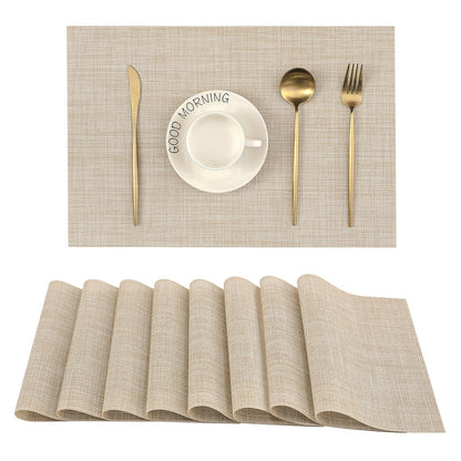 Beige Placemats Set of 8 - Heat-Resistant, Non-Slip Table Mats, Washable Woven Vinyl for Indoor & Outdoor Dining
