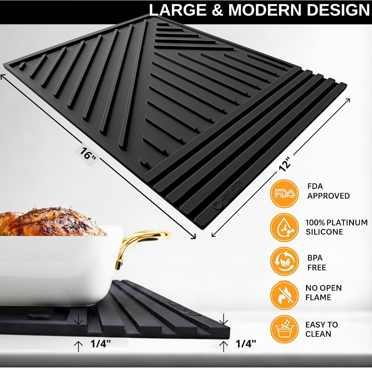 Large Silicone Trivet Mat 16 x 12in for hot pots and Pans - Non Slip & Heat Resistant Modern Kitchen Hot Pads for Table & Countertop - Trivet for Hot Dishes - Black