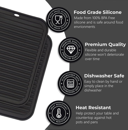 Silicone Trivets for Hot Dishes, Pots, Pans (2 Pack) - Heat-Resistant Pot Holders for Kitchen Countertop Mats - Silicone Trivet Mat (9 x 12 Inch) - Multipurpose Counter Pads (Black)