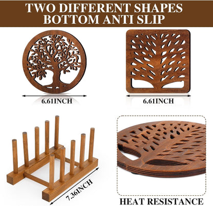 Beeveer 5 Pcs Life Tree Wooden Trivets for Hot Pans and Pots, Dark Wood