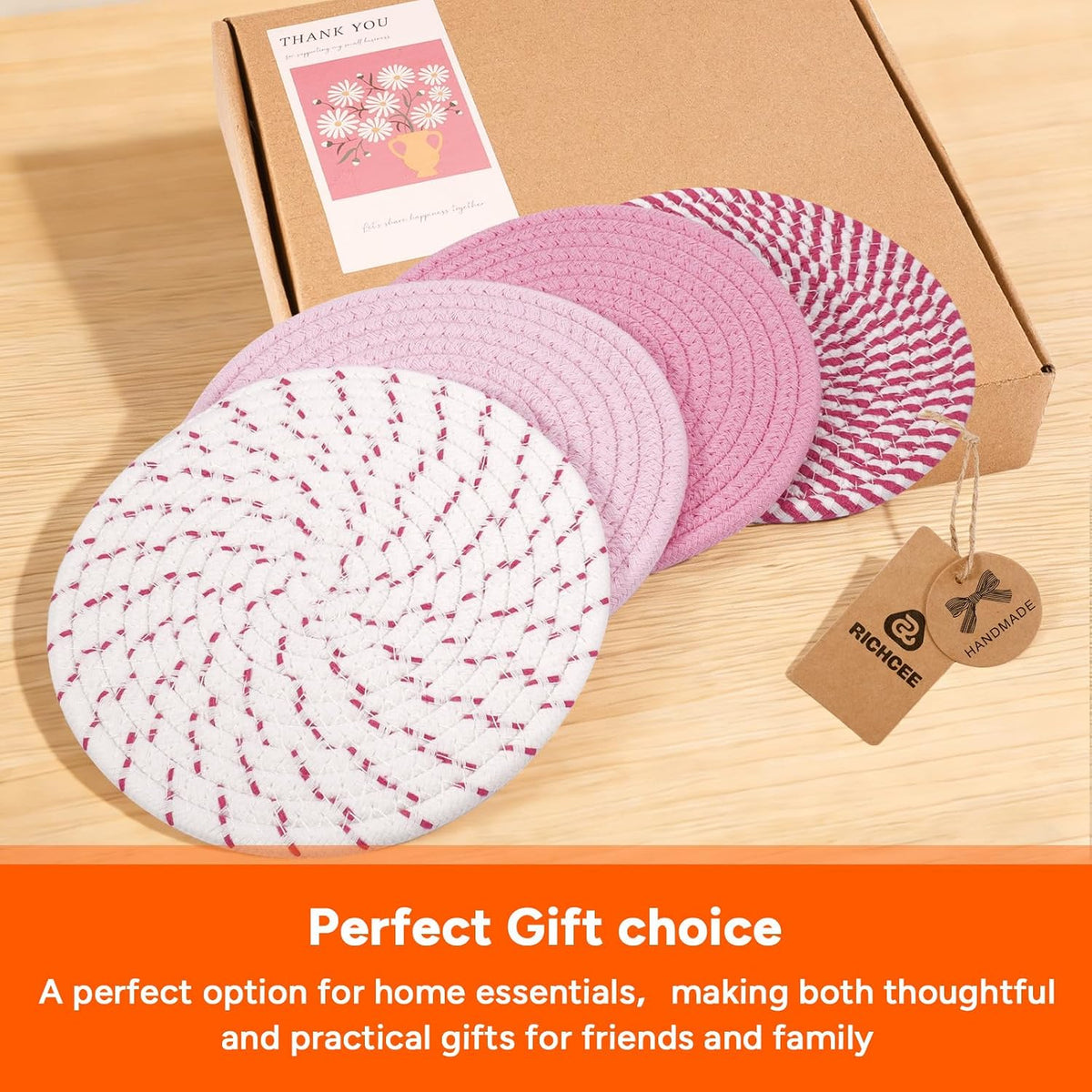 RICHCEE 7inch Trivets for Hot Dishes with a Kraft Paper Gift Box,Trivet Mats Set for Hot Pots and Pans, 4 Heat Resistant Pot Holders for Kitchen,Home Essentials,Housewarming Gift(Pink)