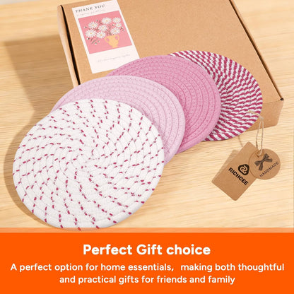 RICHCEE 7inch Trivets for Hot Dishes with a Kraft Paper Gift Box,Trivet Mats Set for Hot Pots and Pans, 4 Heat Resistant Pot Holders for Kitchen,Home Essentials,Housewarming Gift(Pink)