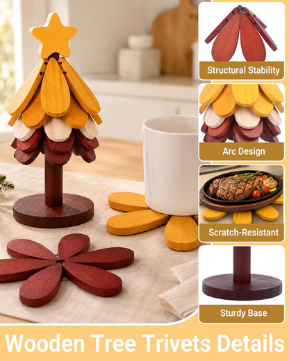 Wooden Tree Trivets for Hot Dishes Set of 5 with Stand Tree Shape Natural Foldable Stackable Wooden Trivets Heat Resistant Decorative Coasters for Pots, Pans, Bowls & Teapots Kitchen Accessories