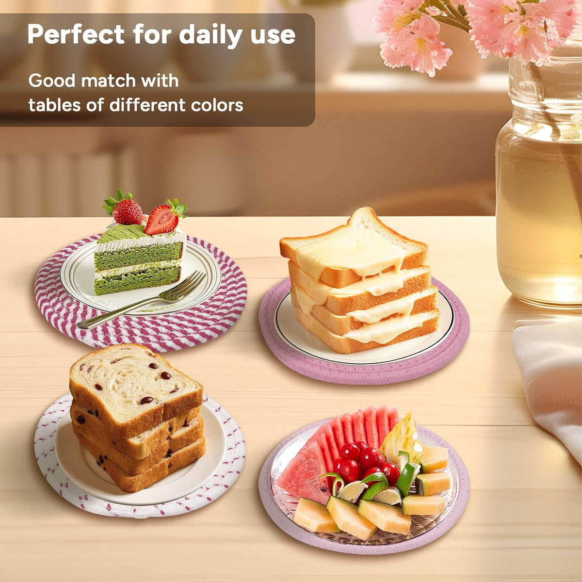 RICHCEE 7inch Trivets for Hot Dishes with a Kraft Paper Gift Box,Trivet Mats Set for Hot Pots and Pans, 4 Heat Resistant Pot Holders for Kitchen,Home Essentials,Housewarming Gift(Pink)