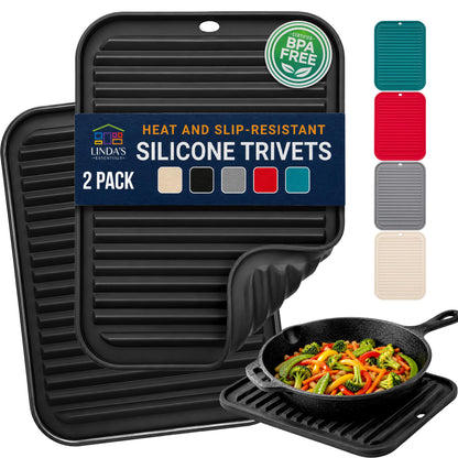 Silicone Trivets for Hot Dishes, Pots, Pans (2 Pack) - Heat-Resistant Pot Holders for Kitchen Countertop Mats - Silicone Trivet Mat (9 x 12 Inch) - Multipurpose Counter Pads (Black)