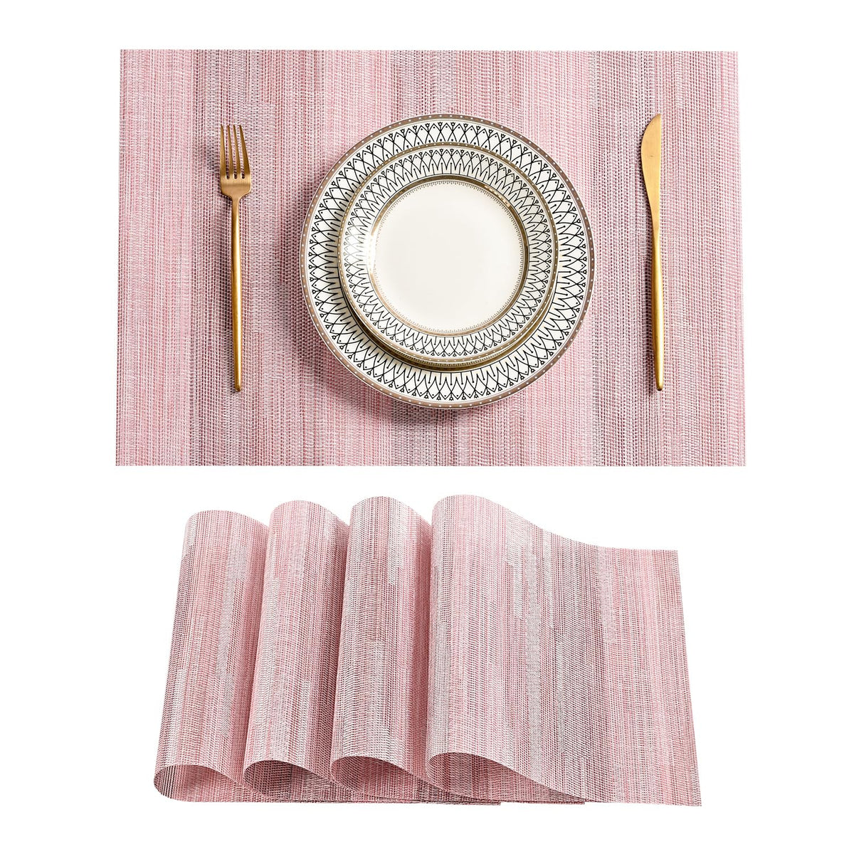 Woven Vinyl Beige Placemats Set of 12, Linen Look & Easy to Clean