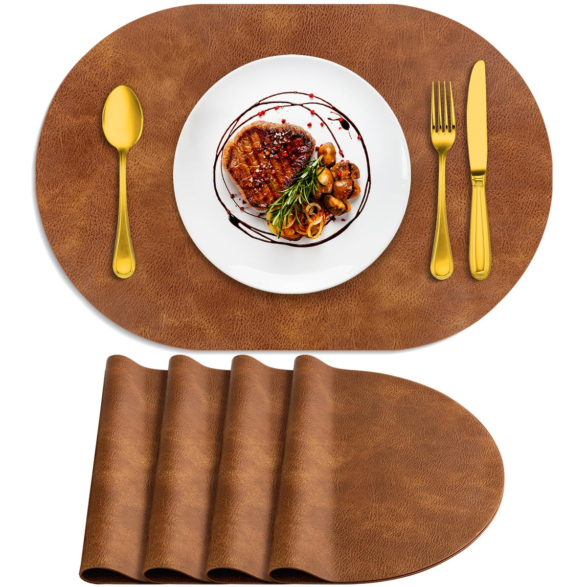 ADRIMER Oval Placemats Set of 4, Wipeable Faux Leather, 4 Colors