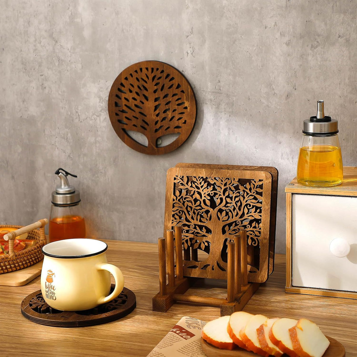 Beeveer 5 Pcs Life Tree Wooden Trivets for Hot Pans and Pots, Dark Wood