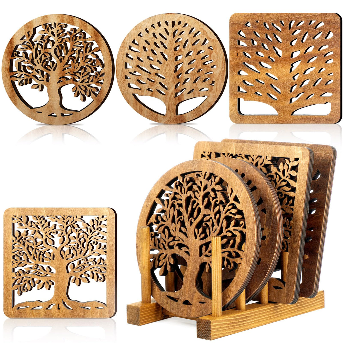 Beeveer 5 Pcs Life Tree Wooden Trivets for Hot Pans and Pots, Dark Wood