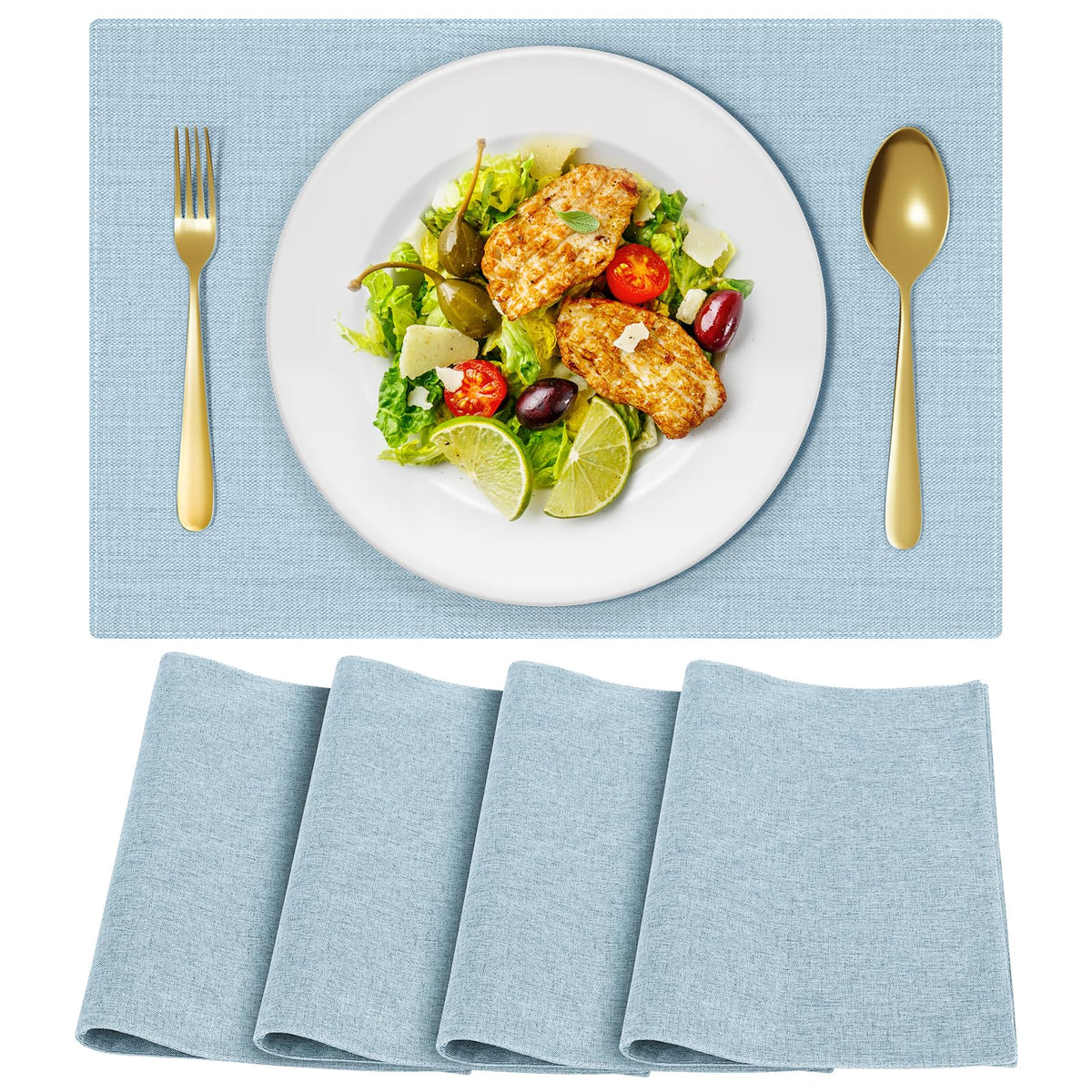 Cloth Placemats, Set of 6 Heat-Resistant Cotton Linen Blend Double Layered Machine Washable Place Mats, Wrinkle Free Thick Fabric Dining Table Mats for Indoors & Outdoors (Navy Blue, 6)