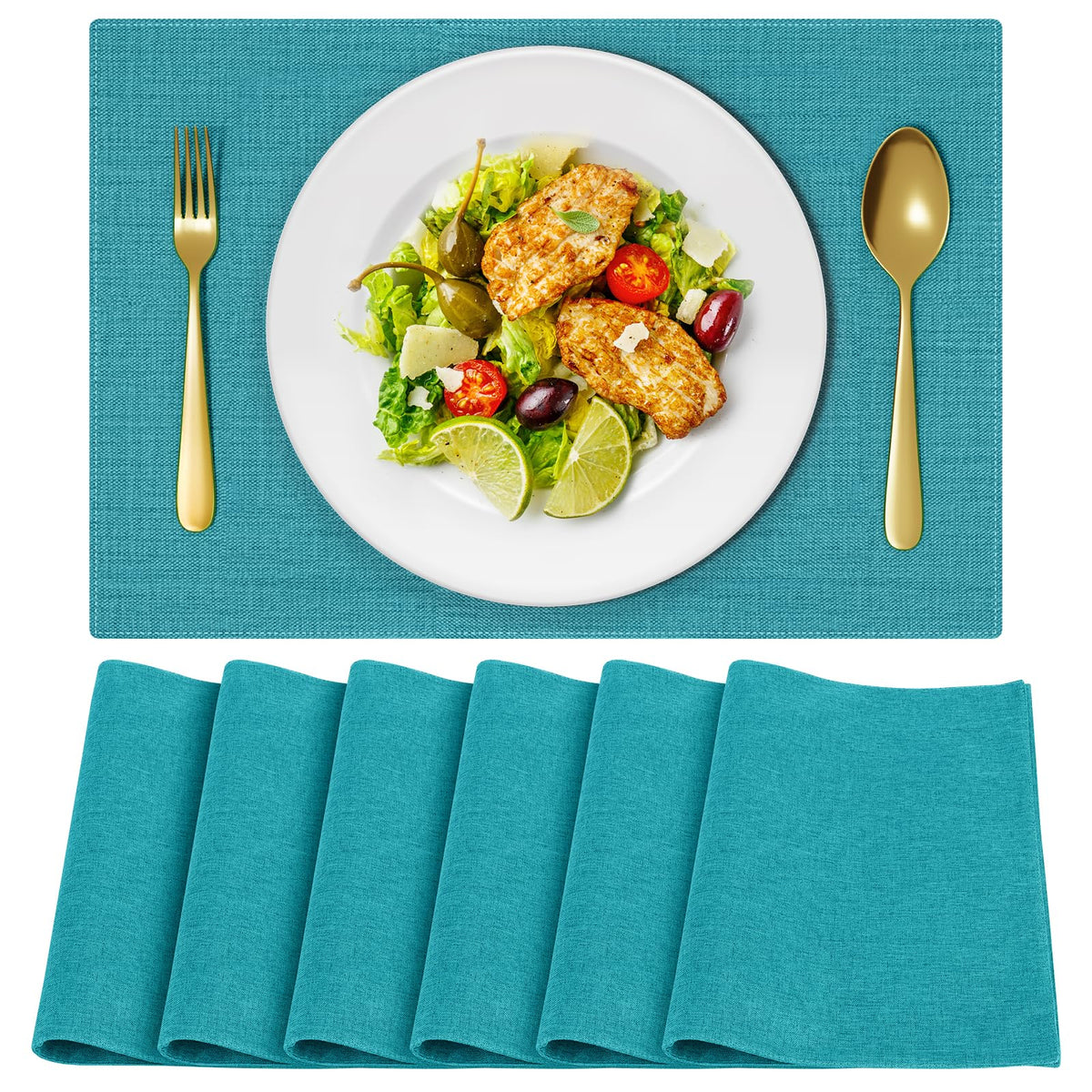 Cloth Placemats, Set of 6 Heat-Resistant Cotton Linen Blend Double Layered Machine Washable Place Mats, Wrinkle Free Thick Fabric Dining Table Mats for Indoors & Outdoors (Navy Blue, 6)