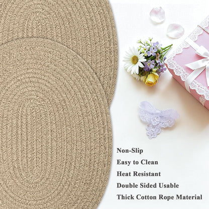 Oval Woven Placemats Set of 6, Boho Cotton Rope Braided Table Mats, 17x13 Inches Non Slip Heat Resistant Place Mats for Dining Room, Thick Hot Pads for Farmhouse Kitchen Table Decor. (Brown)