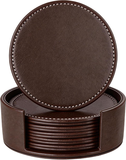 Set of 6 Round Leather Coasters for Drinks with Holder, 4" (Brown)