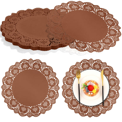 MCEAST 100 Pack Round Brown Kraft Paper Doilies 13.5 Inches Lace Paper Place Mats Rustic Scallop Doily Disposable Table Pads for Food Cakes Crafts Party Weddings Tableware Decor
