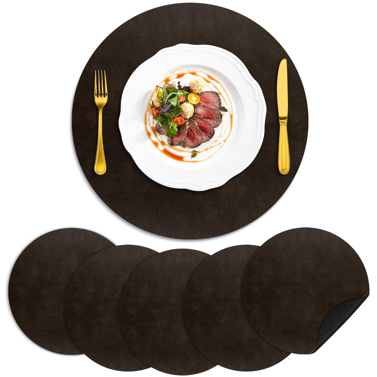 ADRIMER Faux Leather Placemats Set of 6, Heat Resistant 13"x13", Walnut