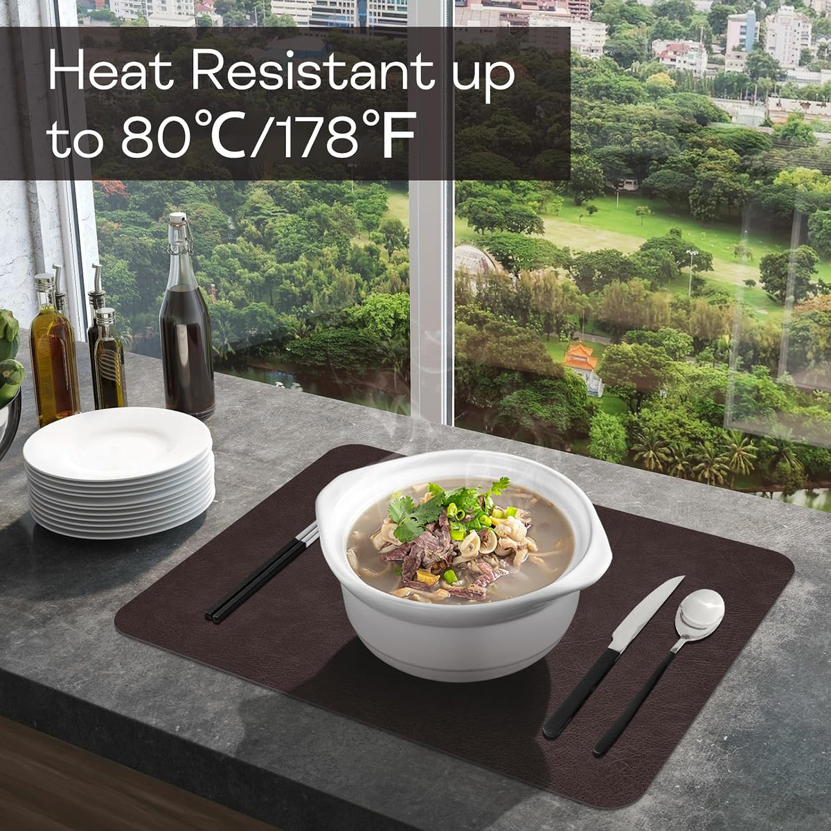 PU Placemats for Dining Table Set of 6, Heat Resistant Leather Placemat, Waterproof Table Mats Easy to Clean for Kitchen Dining Room Coffee Office Table,43 * 30cm,Black/Brown