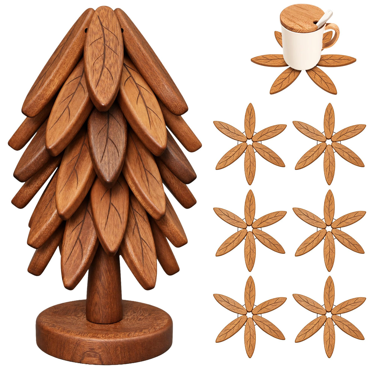 Wooden Trivets for Hot Dishes, Wooden Tree Trivet Set, Tree Coasters - of 5 + 1 Stand stored, Suited for Hots, Pans, Bowl, Teapot, Hot Holders - Multifunctional Ornaments