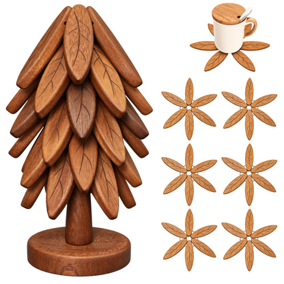 Wooden Trivets for Hot Dishes, Wooden Tree Trivet Set, Tree Coasters - of 5 + 1 Stand stored, Suited for Hots, Pans, Bowl, Teapot, Hot Holders - Multifunctional Ornaments