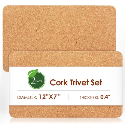 Rectangle Cork Trivets for Hot Dishes, 12" x 7" High-Density Thick Cork Hot Pads Placemats for Pots and Pans, Heat Resistant Hot Pads for Kitchen Countertop Table,2 Pcs Cork Coaster