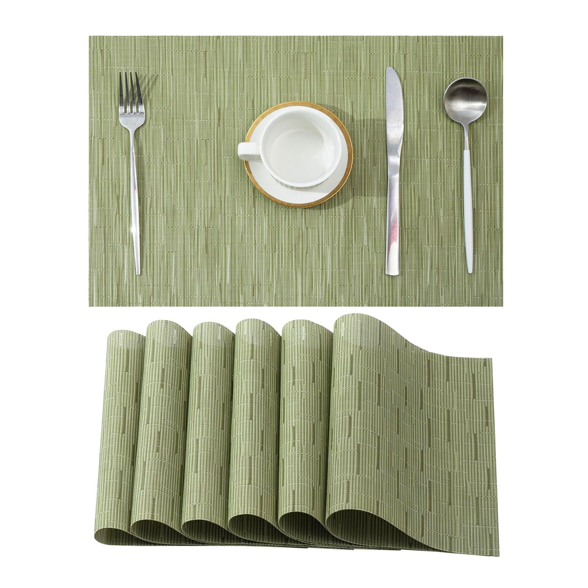 Woven Vinyl Beige Placemats Set of 12, Linen Look & Easy to Clean