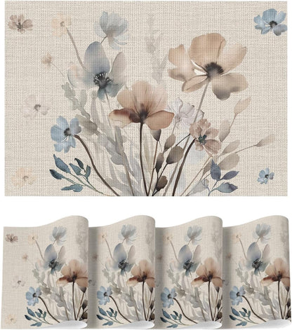 Artoid Mode Brown Poppy Floral Vinyl Plastic Placemats Set of 4, Washable Non-Slip PVC Table Mats for Party Kitchen Dining Decor, 12x18 Inch
